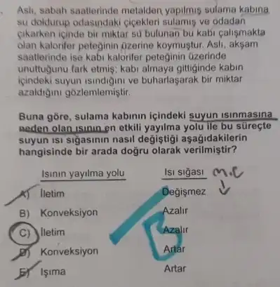 Asli, sabah saatlerinde metalden yapilmıs sulama kabına su doldurup odasindaki çiçekleri sulamiș ve odadan çkarken içinde bir miktar su bufunan bu kabı çalışmakta olan kalorifer peteḡinin üzerine koymuştur. Asli, akşam saatlerinde ise kabı kalorifer peteginin üzerinde unuttuğunu fark etmiş; kabı almaya gittiḡinde kabın içindeki suyun ısındığını ve buharlaşarak bir miktar azaldıgıını gōzlemlemiştir. Buna göre, sulama kabının içindeki suyun ısınmasına neden olan ısının en etkili yayılma yolu ile bu süreçte suyun ısı sığasııın nasıl değiştiği aşağıdakilerin hangisinde bir arada doğru olarak verilmiştir?