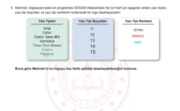 1. Mehmet, bilgisayarndaki bir programda ỞDSGM ifadesindeki her bir harf için aşağida verilen yazi tipleri,
yazi tipi boyutlari ve yazi tipi renklerini kullanarak bir logo tasarlayacaktir.
Buna gore Mehmet'in bu logoyu kaç farkli sekilde tasarlayabilecegini bulunuz.