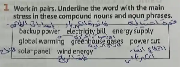 1 Work in pairs Underline the word with the main
stress in these compound nouns and noun phrases.
a
admiss
backup power electricity bill energy supply
global warming greenhouse gases power cut
solar panel wind energy