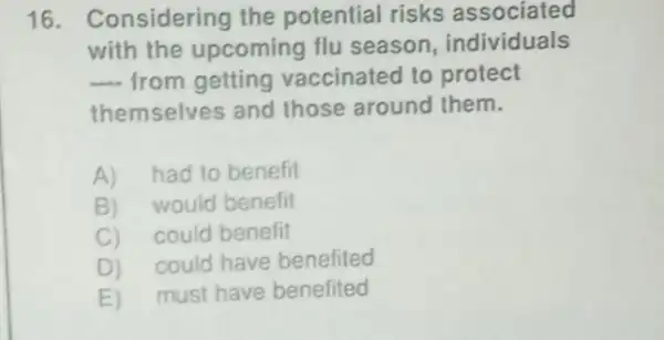 16. Considering the potential risks associated
with the upcoming flu season individuals
__ from getting vaccinated to protect
themselves and those around them.
A)had to benefit
B)would benefit
C)could benefit
D)could have benefited
E) must have benefited