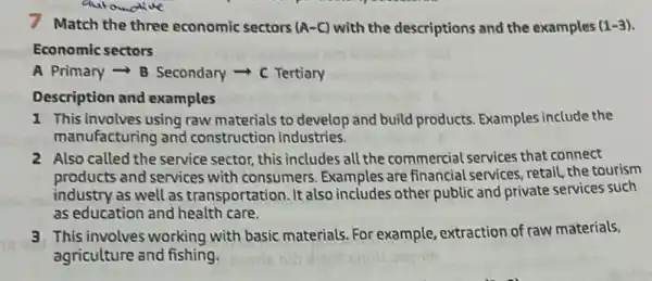 7 Match the three economic sectors (A-C) with the descriptions and the examples (1-3)
Economic sectors
A Primary - B Secondary - C Tertiary
Description and examples
1 This involves using raw materials to develop and build products. Examples include the
manufacturing and construction industries.
2 Also called the service sector, this includes all the commercial services that connect
products and services with consumers. Examples are financial services, retail, the tourism
industry as well as transportation. It also includes other public and private services such
as education and health care.
3 This involves working with basic materials. For example, extraction of raw materials,
agriculture and fishing