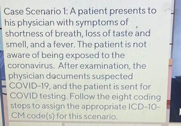 Case Scenario 1:A patient presents to
his physician with symptoms of
shortness of breath, loss of taste and
smell, and a fever.The patient is not
aware of being exposed to the
coronavir us. After examination , the
physiciar documents suspected
COVID -19, and the patient is sent for
COVID testing Follow the eight coding
steps to assign the appropriate ICD-1 (D)
CM code(s) for this scenario.