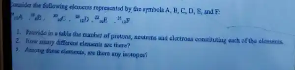 consider the following elements represented by the symbols A, B, C D, E, and F:
1. Provide in a table the number of protons neutrons and electrons constituting each of the elements.
2. How many different elements are there?
3. Among these elements, are there any isotopes?