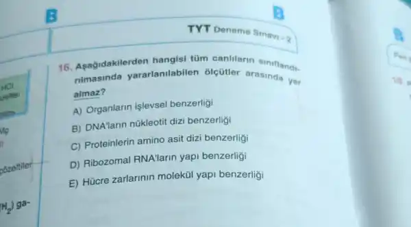 HCI
zeltisi
cozeltiler
(H_(2)) ga-
TYT Deneme Sinavi ...
16. Asagidakilerden hangisi tũm canlilarin siniflandi.
rilmasinda yararlanilabilen olçútler arasinda yer
almaz?
A) Organlarin işlevsel benzerligi
B) DNA'larin nükleotit dizi benzerligi
C) Proteinlerin amino asit dizi benzerligi
D) Ribozomal RNA'larin yapi benzerligi
E) Hücre zarlarinin molekül yapi benzerligi
18.