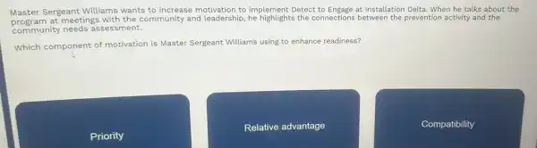 Master Sergeant Williams wants to increase to implement Detect to Engage at Installation Delta. When he talks about the
programs at meetings with the community and leadership the connections between the prevention activity and the
community needs assessment.
Which component of motivation is Master Sergeant Williams using to enhance readiness?
Priority
Relative advantage
Compatibility