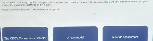 Mr. Fitzgerald is putting the agenda for the next team meeting. He wants the team to document how they plan to track progress
toward the goals and objectives of their plan.
What tool should the team use to develop this plan?
The CDC's Connections Selector
A logic model
A needs assessment