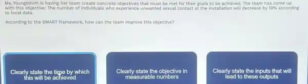 Ms. Youngstrom is having her team create concrete that must be met for their goals to be achieved. The team has come up
with this objective: The number of individuals who experience unwanted sexual contact at the installation will decrease by 10%  according
to local data.
According to the SMART framework, how can the team improve this objective?
Clearly state the which
this will be achieved
Clearly state the objective in
measurable numbers
Clearly state the inputs that will
lead to these outputs