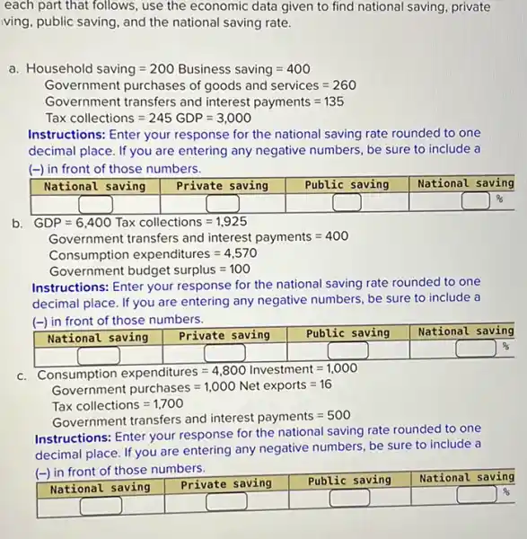 each part that follows use the economic data given to find national saving, private
ving, public saving, and the national saving rate.
ousehold saving=200 Business saving=400
Government purchases of goods and set services=260
Government transfers and interest payments=135
Tax collections=245GDP=3,000
Instructions: Enter your response for the national saving rate rounded to one
decimal place. If you are entering any negative numbers, be sure to include a
(-) in front of those numbers.
square 
square 
square  square 
b GDP=6,400 Tax collections=1,925
Government transfers and interest payments=400
Consumption expenditures=4,570
Government budget surplus=100
Instructions: Enter your response for the national saving rate rounded to one
decimal place. If you are entering any negative numbers, be sure to include a
(-) in front of those numbers.
National saving
square 
square 
square 
square 
Consumption expenditures=4,800 Investment=1,000
Government purchases=1,000 Net exports=16
Tax collections=1,700
Government transfers and interest payments=500
Instructions: Enter your response for the national saving rate rounded to one
decimal place. If you are entering any negative numbers, be sure to include a
(-) in front of those numbers.