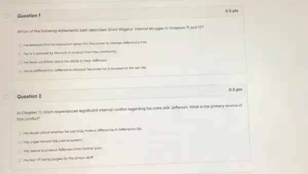 Question 1
Which of the following statements best describes Grant Wiggins' internal struggle in Chapters 11 and 12?
He believes that his education gives him the power to change Jefferson's fate
He is frustrated by the lack of support from the community.
He feels confident about his ability to help Jefferson.
He is indifferent to Jefferson's situation because he is focused on his own life
Question 2
0.5 pts
0.5 pts
In Chapter 11, Grant experiences significant internal conflict regarding his visits with Jefferson. What is the primary source of
this conflict?
His doubt about whether he can truly make a difference in Jefferson's life
His anger toward the justice system
His desire to protect Jefferson from further pain
His fear of being judged by the prison staff.