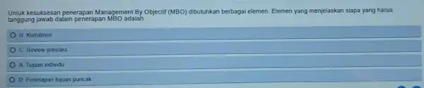 Untuk kesuksesan penerapan Management By Objectif (MBO) dibutuhkan berbagai elemen. Elemen yang menjelaskan siapa yang harus
tanggung jawab dalam penerapan MBO adalah
B Komitmen
C Review prestasi
A. Tujuan individu
D. Penetapan tujuan puncak