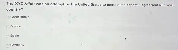 The XYZ Affair was an attempt by the United States to negotiate a peaceful agreement with what
country?
Great Britain
France
Spain
Germany