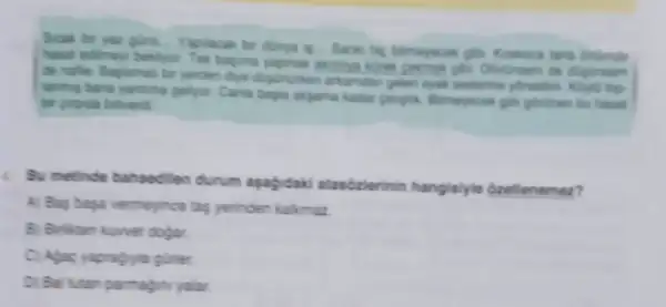 Yaplacak bir dinya Koskoca taria drinde
hasat edimey beklyor. Tel bapima yapmak thinty
yerden diyo digunurken arkandan gelen tryak
laring bana yardina palyor Caria bapia akgama kadar gbrunen bu hasat
bir proda bitiverd.
Bu metinde bahsedlien durum apagidak atasózierinin hangisiyie Gzetlenemez?
A) Bay baga vermeyince tas yerinden kakmaz
B) Brikten kuwet dogar
C) Rjacy yaprabyla girler
D) Bal tutan parmajin yalar.