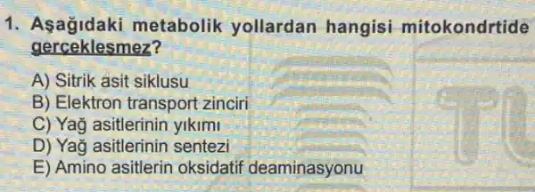 1. Asağidaki metabolik yollardan hangisi mitokondrtide
gerceklesmez?
A) Sitrik asit siklusu
B) Elektron transport zinciri
C) Yağ asitlerinin yikimi
D) Yağ asitlerinin sentezi
E) Amino asitlerin oksidatif deaminasyonu