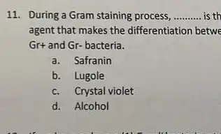 11. During a Gram staining process, __ is th
agent that makes the differentiation betwe
Gr+ and Gr- bacteria.
a. Safranin
b. Lugole
c. Crystal violet
d. Alcohol