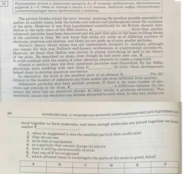 11
IIpovumaime mexcm u sanoznume nponycxu A-F vacms,Mu npe0.20xkenuit, oboska uent blmu
1-7 Oôna us vacmeü 61-7 nuuung. 3anecume uarouy to
coomsemcmeyrouyno yaemb e ma6nuuy.
The ancient Greeks coined the term 'atomos', meaning the smallest possible separation of
matter. In ancient times , both the Greeks and Indians had philosophised about the existence
of the atom. However,it was first hypothesised scientifically by the British chemist John
Dalton in the early years of the 19th century, A __ . Since then, smaller
subatomic particles have been discovered and the part they play as the basic building blocks
of the universe is clear. We now know that atoms are made up of differing numbers of
electrons, neutrons and protons, and these too are made up of even smaller particles.
Dalton's theory about atoms was not immediately accepted by chemists ,although
one reason for this was Dalton's well-known carelessness in experimental procedures.
However, we know that Dalton was correct in almost everything he said in his theory
. of the atom.He described an atom, even though he had never seen one,B __
It could combine with the atoms of other chemical elements to create a compound.
Almost a century later the first subatomic particles were discovered 1930s,
physicists were working with new ideas C __ . In turn, these developments
helped them to develop quantum mechanics.
In chemistry, the atom is the smallest part of an element D __ The dif
ference in the number of subatomic particles makes one atom different from another.
Subatomic particles also have another purpose. If there is the same number of elec-
trons and protons in the atom,E __ . A difference between the two
means the atom has an electrical charge. In other words s, it produces electricity. This
electricity means the electrons can become attracted to each other.In this way, atoms can
AHIMUCKNG 83bIK: 10 TPEHMPOBOYHbIX BAPMAHTOB 3K3AMEHALHHOHHbIX PA5OT ADIR nonrotoBKM KEI3
bond together to form molecules, and when enough molecules are joined together we have
matter F __
1. when he suggested it was the smallest particle that could exist
2. that we can see
3. as he has no equipment
4. as a particle that cannot change its nature
5. then it will be electronically neutral
6. that can still be recognised
7. which allowed them to investigate the parts of the atom in great detail
square 
square 
square 
square 
square 
square