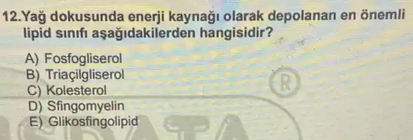 12.Yağ dokusunda enerji kaynaği olarak depolanan en onemli
lipid sinifi aşağidakile rden hangisidir?
A) Fosfogliserol
B)Triaçilgliserol
C) Kolesterol
D)Sfingomyelin
E) Gli <osfingolipid