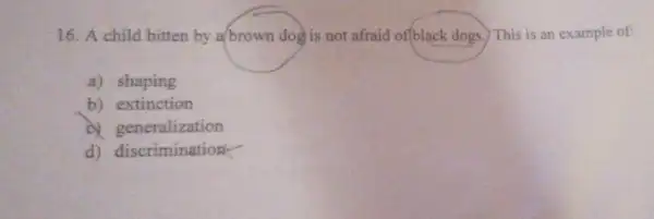 16. A child bitten by a/brown dog is not afraid of black dogs. This is an example of:
a) shaping
b) extinction
c) generalization
d) discrimination