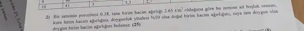 2) Bir zeminin porozitesi 0.38, tane birim hacim aglrllgi
2.65t/m^3 olduguna gõre bu zemine ait bosluk oranini,
kuru birim hacim agurligini, doygunluk yuzdesi
% 50
olsa dogal birim hacim ağirligini, suya tam doygun olsa
doygun birim hacim agirligini bulunuz. (25)