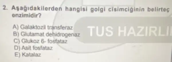 2. A sagidakilerden hangisi golgi cisimciginin belirtes
enzimidir?
A) Galaktozi transferaz
B) Glutamat dehidrogenaz
C) Glukoz 6-fosfataz
D) Asit fosfataz
E) Katalaz