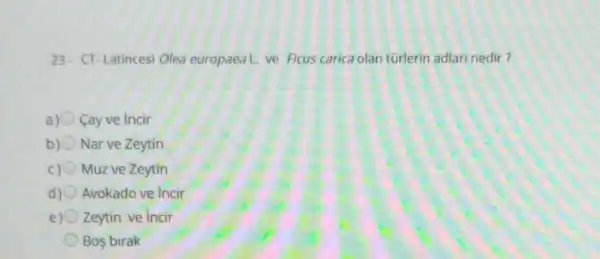 23- CT-Latinces Olea europaea L. ve Ficus carica olan turlerin adlari nedir?
a Cay ve incir
b) Nar ve Zeytin
c) Muz ve Zeytin
d) Avokado ve incir
e) Zeytin ve incir
Bos birak