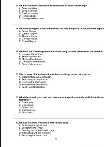 27. What is the primary function of osteoclasts in bone remodeling?
A. Bone formation
B. Bone resorption
C. Calcium storage
D. Hematopoiesis
E development
28. Which body region is located between the ribs and pelvis in the posterior aspect
A. Sacral Region
B. Lumbar Region
C. Thoracic Region
D. Cervical Region
E. Gluteal Region
29. Which of the membranes lines body cavities that open to the exterior?
A. Synovial Membranes
B. Serous Membranes
C. Mucous Membranes
D. Cutaneous Membranes
E. Fibrous Membranes
30. The process of bone formation within a cartilage model is known as:
A. Intramembranous Ossification
B Ossification
B. Endochondra Ossification
D Ossification
E. Epiphyseal Ossification
31. Which bone cell type is derived from mesenchymal stem cells and initiates bone
formation?
A. Osteocytes
B. Osteoblasts
C. Osteoclasts
D. Chondrocytes
E Fibroblasts
32. What is the primary function of the hyoid bone?
A. Protecting the spinal cord
B. Supporting the tongue
C. Forming part of the thoracic cage
D. Articulating with the mandible
E. Anchoring the vocal cords