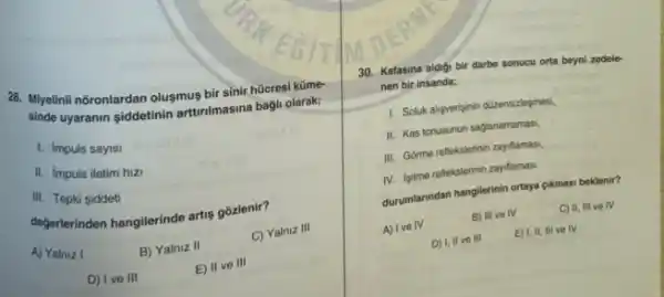 28. Minetini nôronlardan olugmus bir sinir hücresi küme-
sinde uyaranin siddetinin artinimasina bagi olarak;
1. Impuls sayisi
II. Impuls iletim hiz
III. Tepki siddeti
değerlerinden hangilerinde artis gózlenir?
A) Yalniz I
B) Yalniz II
C) Yalniz III
D) Ive III	E) II ve III
30. Kafasina aldigi bir darbe sonucu orta beyni zedele-
nen bir insanda;
1. Soluk alisverisinin dizensizlesmesi
II. Kas tonusunun saglanamamas,
III. Górme reflekslerinin zayiflamas;
IV. Isitme reflekslerinin zayiftamas:
durumlanndan hangilerinin ortaya gikmas beklenir?
A) Ive IV	B) III ve IV	C) II, III ve IV
D) I, II ve III E) I, II, III ve rv