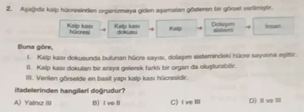 2.Asagida kalp hocresinden organizmaya giden apamalan gosteren bir gorsel verilmintir.
Kalp kasi
hücresi
Kalp kasi
dokusu
Kalp
Dolagim
Iman
Buna gore,
1. Kalp kasi dokusunda bulunan hücre sayisi dolaçim sistemindeki hucre sayisina epitir.
II. Kalp kasi dokulan bir araya gelerek farkli bir organ da olusturabilit.
III. Verilen górselde en basit yapi kalp kasi hücresidir.
ifadelerinden hangileri dogrudur?
A) Yalniz III
B) Ive II
C) Ive III
D) II ve III