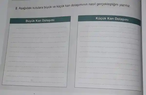 2.Asagidaki kutulara büyük ve küçük kan dolasiminin nasil gerçekleştigini yaziniz.
Büyük Kan Dolaşimi
__
 I
.......
.............	....area .
( ) - ..........
.............
........are
Küçük Kan Dolaşimi
__
...........................................................................
-....
............
............
-...-...-.........
........