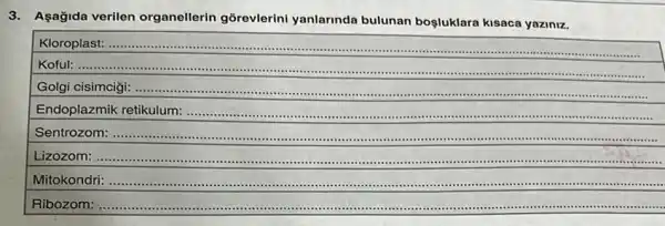 3.Aşağida verilen organellerin gorevlerini yanlarinda bulunan boşluklara kisaca yaziniz.
Kloroplast:................minin union .......
................................................
Golgi cisimcigi:.............................................................................................................................................................................
Endoplazmik retikulum:..........................................................................................................
Sentrozom:............................................................................................
Lizozom:........................................................................".....................
Mitokondri: ....................................
...............................................................................
Ribozom:......................................................................