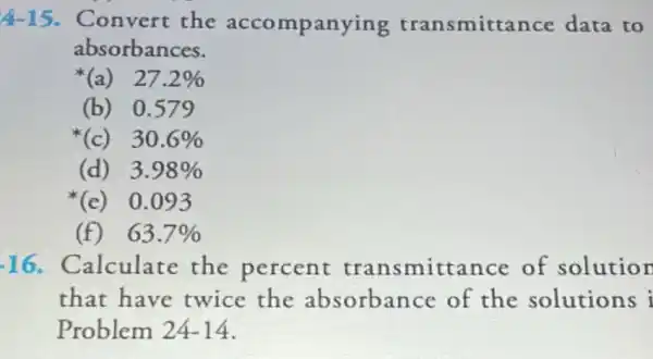 4-15. Convert the accompanying transmittar ce data to
absorbances.
(a) 27.2% 
(b) 0.579
(c) 30.6% 
(d) 3.98% 
(e) 0.093
(f) 63.7% 
.16. Calculate the percent transmittance of solution
that have twice the absorbance of the solutions i
Problem 24-14