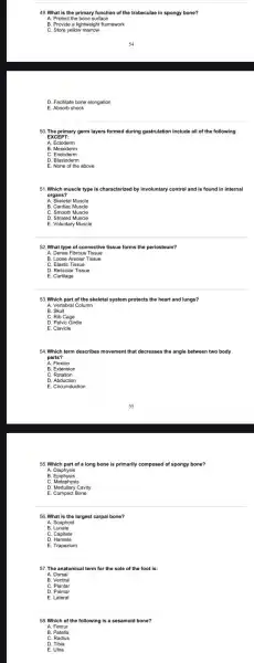 49. What is the primary function of the trabeculae in spongy bone?
A. Protect the bone surface
B. Provide a lightweigh t framework
C. Store yellow marrow
D. Facilitate bone elongation
E. Absorb shock
50. The primary germ layers formed during gastrulation include all of the following
A. Ectoderm A. Ectoderm
D. Blastoderm
E. None of the above
51. Which muscle type is characterized by involuntary control and is found in internal
organs?
A. Skeletal Muscle
B. Cardiac Muscle
C. Smooth Muscle
E. Voluntary Muscle
52. What type of connective tissue forms the periosteum?
A. Dense Fibrous Tissue
B. Loose Areolar Tissue
D. Reticular Tissue
E. Cartilage
53. Which part of the skeletal system protects the heart and lungs?
C. Rib Cage
E. Clavicle
parts?
A. Flexion
B. Extension
C. Rotation
D. Abduction
E. Circumduction
55. Which part of a long bone is primarily composed of spongy bone?
A. Diaphysis
C. Metaphysis
D. Medullary Cavity
E. Compact Bone
56. What is the largest carpal bone?
A. Scaphoid
B. Lunate
C. Capitate
D. Hamate
E. Trapezium
57. The anatomical term for the sole of the foot is:
A. Dorsal
B. Ventral
C. Plantar
E. Lateral
58. Which of the following is a sesamoid bone?
A. Femur
B Patella
C. Radius
D. Tibia
E. Ulna