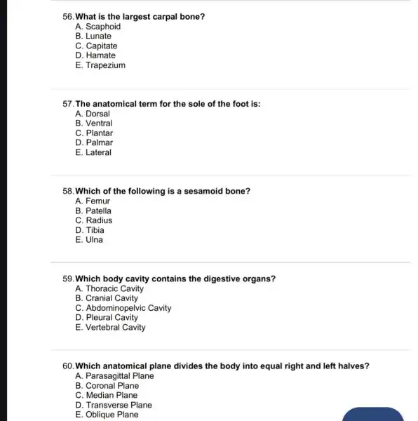 56. What is the largest carpal bone?
A. Scaphoid
B .Lunate
C. Capitate
D Hamate
E. Trapezium
57. The anatomical term for the sole of the foot is:
A. Dorsal
B. Ventral
C. Plantar
D. Palmar
E. Lateral
58.Which of the following is a sesamoid bone?
A. Femur
B. Patella
C. Radius
D. Tibia
E. Ulna
59. Which body cavity contains the digestive organs?
A. Thoracic Cavity
B. Cranial Cavity
C. Abdominopelvic Cavity
D . Pleural Cavity
E. Vertebral Cavity
60. Which anatomical plane divides the body into equal right and left halves?
A. Parasagittal Plane
B. Coronal Plane
C. Median Plane
D. Transverse Plane
E. Oblique Plane