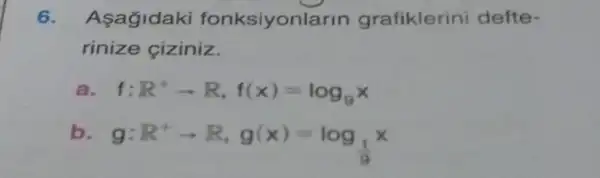 6. Asagidaki fonksiyonl arin grafiklerini defte-
rinize ciziniz.
a f:R^+arrow R,f(x)=log_(9)x
b
g:R^+arrow R,g(x)=log_((1)/(9))x