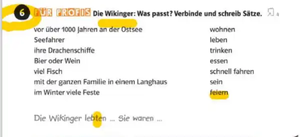 6 Wikinger: Was passt? Verbinde und schreib Sǎtze.
vor über 1000 Jahren an der Ostsee
Seefahrer
ihre Drachenschiffe
Bier oder Wein
viel Fisch
mit der ganzen Familie in einem Langhaus
im Winter viele Feste
wohnen
leben
trinken
essen
schnell fahren
sein
feiern
Die Wikinger leften __ Sie waren __