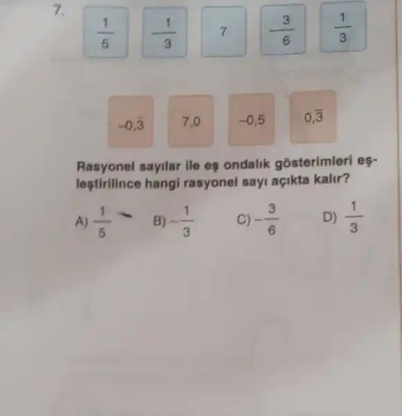 7.
-(3)/(6)
(1)/(3)
(1)/(5)
-(1)/(3)
7
-0,overline (3)
7,0
-0,5
0,overline (3)
Rasyonel sayilar ile es ondalik gósterimleri eş-
lestirilince hangi rasyonel sayi açikta kalir?
A) (1)/(5)
B) -(1)/(3)
C) -(3)/(6)
D) (1)/(3)