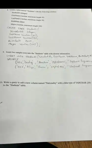 8. Create a table named "Students" with the following columns:
StudentID (integer)
FirstName (varchar.maximum length 50)
LastName (varchar maximum length 50)
BirthDate (date)
Major (varchar maximum length 100)
9. Insert two sample rows into the "Students" table with diverse information.
fort Name last Nam
10. Write a query to add a new column named "Nationality" with a data type of VARCHAR (20)
to the "Students "table.