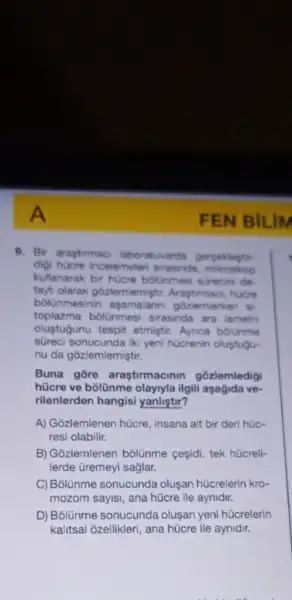 9. Bir araptermaci laboraturards
digi hoore incelemeleri srasinda
kullanarak bir hucre bolinmes sGrecini de
tayli olarak g6zlemiemiştir hücre
bolünmesinin gozlemierken si-
toplazma bólünmesi sirasinda ara lamelin
oluştuğunu tespit etmiştir bólünme
süreci sonucunda iki yeni hücrenin oluştugu-
nu da gôzlemlemiştir.
Buna gōre araştirmacinin gozlemledig
hũcre ve bỏlünme olaynyla ilgili aşagida ve-
rilenlerden hangisi yanliştir?
A) Gozlemlenen hücre, insana ait bir deri hũc-
resi olabilir.
B) Gozlemenen bólünme çesidi tek hücreli-
lerde üremeyi sağlar.
C) Bolunme sonucunda oluşan hücrelerin kro-
mozom sayisi, ana hücre ile aynidir.
D) Bolünme sonucunda olusan yeni hücrelerin
kalitsal ozellikleri, ana hücre ile aynidir.
FEN BILIM