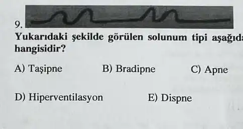 9.
Yukaridaki sekilde gõrülen solunum tipi asagld
hangisidir?
A) Tasipne
B) Bradipne
C) Apne
D) Hiperventilasyon
E) Dispne