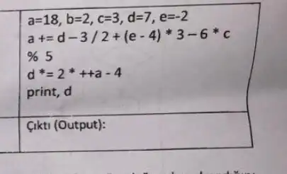 a=18,b=2,c=3,d=7,e=-2
a+=d-3/2+(e-4)ast 3-6ast c
% 5
d^ast =2^ast ++a-4
print, d
(ikti (Output):