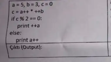 a=5,b=3,c=0
c=a++ast +b+
if c% 2==0
print ++a
else:
print a++
(ikti (Output):