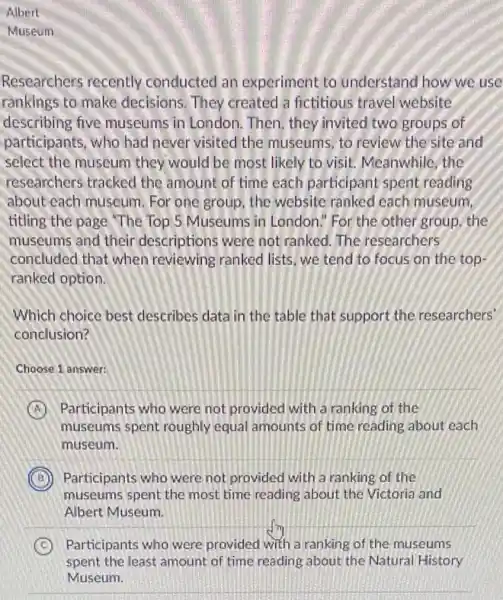 Albert
Museum
Researchers recently conducted an experiment to understand how we use
rankings to make decisions. They created a fictitious travel website
describing five museums in London. Then, they invited two groups of
participants, who had never visited the museums, to review the site and
select the museum they would be most likely to visit. Meanwhile, the
researchers tracked the amount of time each participant spent reading
about each museum. For one group, the website ranked each museum,
titling the page "The Top 5 Museums in London." For the other group, the
museums and their descriptions were not ranked. The researchers
concluded that when reviewing ranked lists, we tend to focus on the top-
ranked option.
Which choice best describes data in the table that support the researchers'
conclusion?
Choose 1 answer:
A Participants who were not provided with a ranking of the
museums spent roughly equal amounts of time reading about each
museum.
B Participants who were not provided with a ranking of the
museums spent the most time reading about the Victoria and
Albert Museum.
C Participants who were provided with a ranking of the museums
spent the least amount of time reading about the Natural History
Museum.