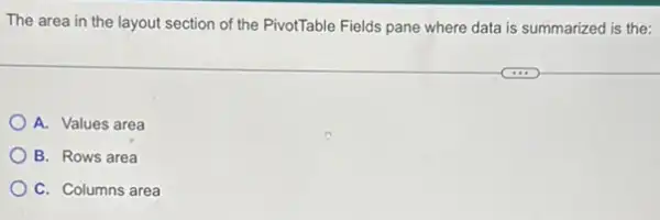 The area in the layout section of the PivotTable Fields pane where data is summarized is the:
A. Values area
B. Rows area
C. Columns area