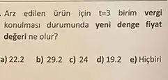 Arz edilen ürün için t=3 birim vergi
konulmasi durumunda yeni denge fiyat
değeri ne olur?
a) 22.2
b) 29.2 c) 24 d) 19.2 e) Hiçbiri