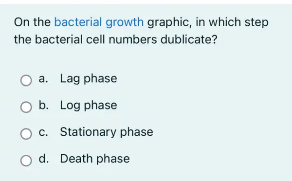 On the bacterial growth graphic , in which step
the bacterial cell numbers dublicate?
a. Lag phase
b. Log phase
c. Stationary phase
d. Death phase