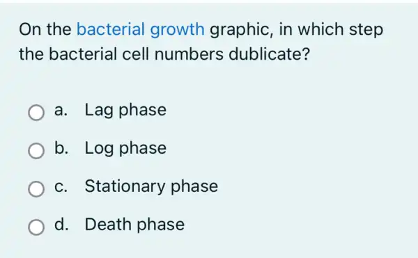 On the bacterial growth graphic , in which step
the bacterial cell numbers dublicate?
a. Lag phase
b. Log phase
c. S tationary phase
d. Death phase