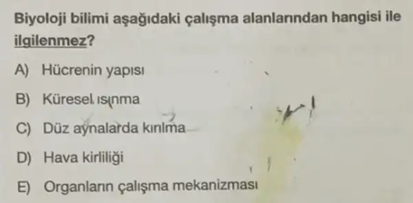 Biyoloji bilimi aşağidaki çalişma alanlanndan hangisi ile
ilgilenmez?
A) Hücrenin yapisi
B) Küreselis(nma
C) Düz aýnalarda kinlma
D) Hava kirliligi
E) Organlarin çalişma mekanizmasi