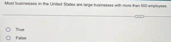 Most businesses in the United States are large businesses with more than 500 employees.
True
False