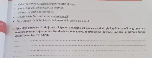 Calimi da yerinde cigerini on paraya satin almam.
Sus be Abdulla , aklin hicbir sey kesmez.
ihtiyarin nesesine payan yoktu.
is artik Molla Mehmet'in canina tak etmisti.
Yeni yapilan kúçúk bir kóprünün kenarindaki sekiye sikip durdu.
1. Yukaridaki cúmleler okudugunuz hikâyeden alinmistir. Bu cümlelerdeki alt cizili kelime ve kelime gruplarinin
anlamini metnin baglamindan hareketle tahmin ediniz . Tahminlerinizi deyimler sozlugu ile TDK'nin Türkçe
Sozlük'únden kontrol ediniz.
__ ............................
....................................( ) 1.....	........................