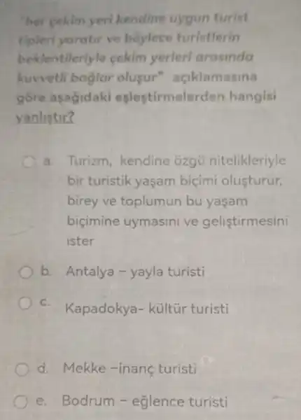 her cekim yeri kendine uygun turist
tipleri yaratir ve boylece turistlerin
beklentileriyle cekim yerleri arasinda
kuwetli baglar olusur " aciklamasina
gồre asagidaki eslestirmelerden hangisi
yanlistir?
a. Turizm, kendine ozgú nitelikleriyle
bir turistik yaşam biçimi oluşturur,
birey ve toplumun bu yaşam
biçimine uymasini ve geliştirmesini
ister
b. Antalya -yayla turisti
C.
Kapadokya-kültür turisti
d. Mekke-inang turisti
e. Bodrum -eglence turisti