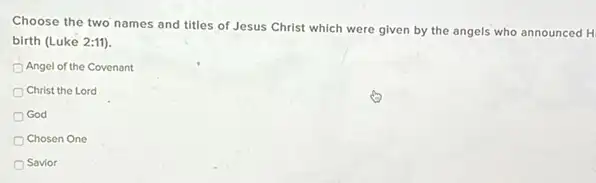 Choose the two names and titles of Jesus Christ which were given by the angels who announced H
birth (Luke 2:11).
Angel of the Covenant
Christ the Lord
God
Chosen One
Savior